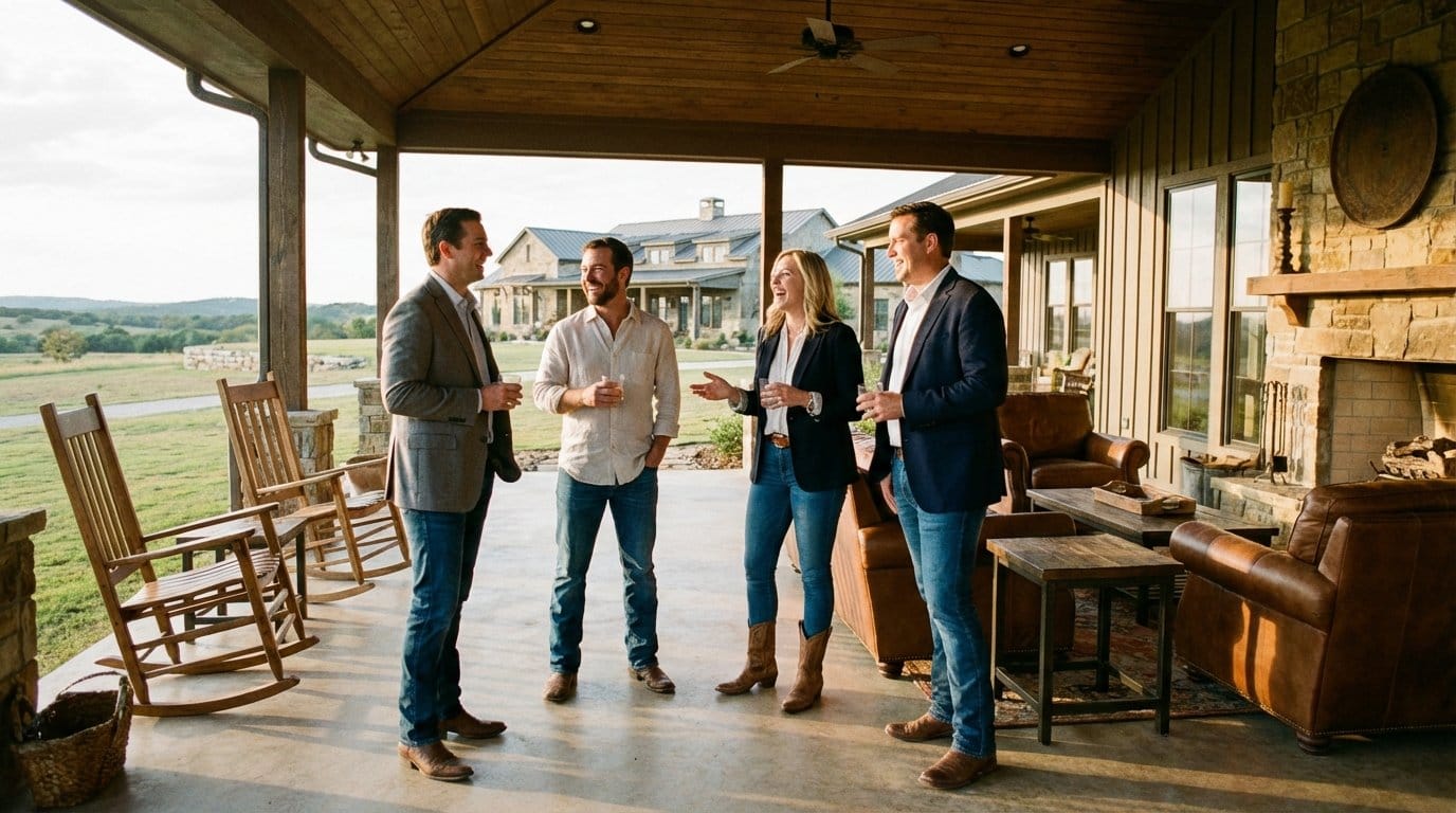 Professionals having a relaxed outdoor discussion on a covered luxury ranch porch