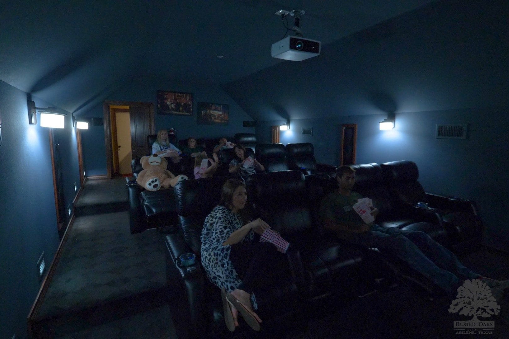 Family watching a movie in the private theater